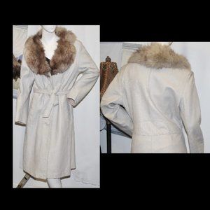 Vintage Off White Long Belted Trench Coat Jacket w Real Fox Fur Collar 16 L
